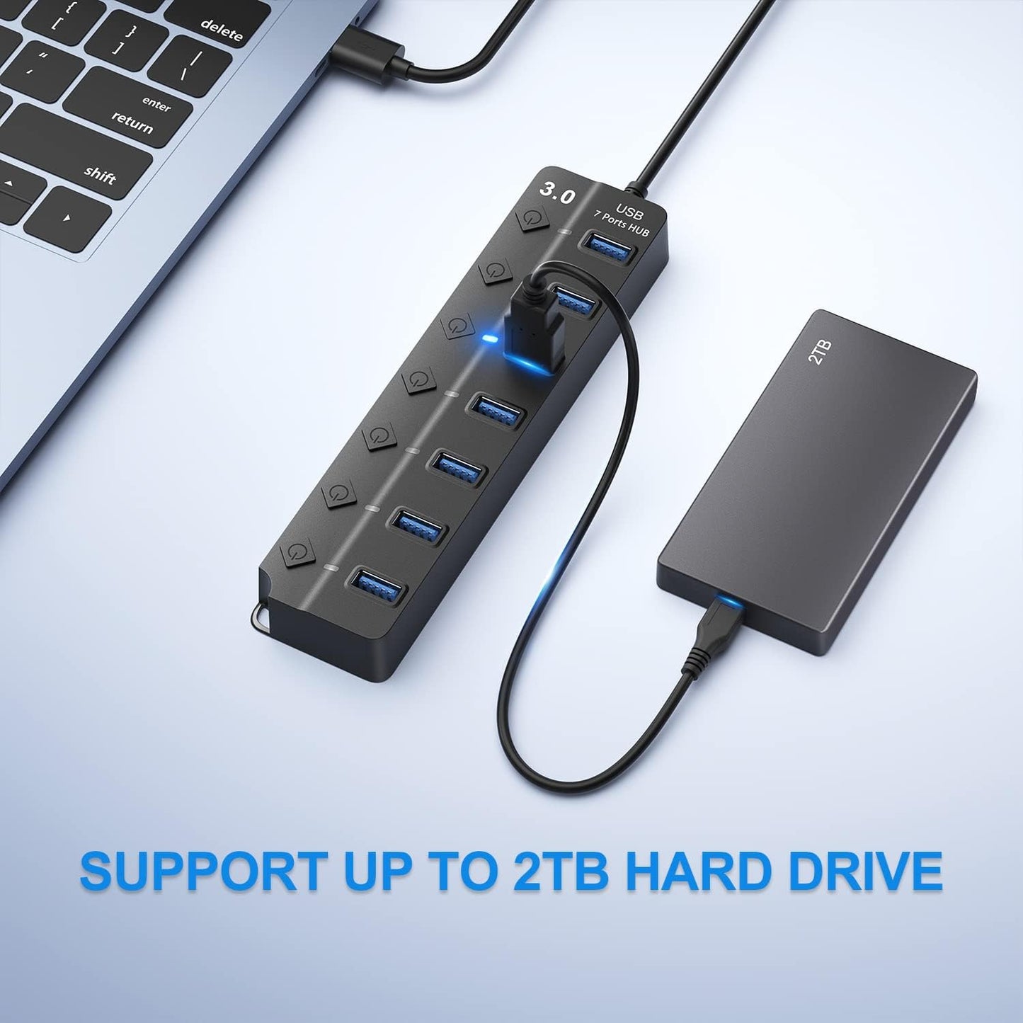 USB Hub 3.0, 7-Port USB Hub Splitter with Individual On/Off Switches and Lights, 3.2ft/1m Long Cable Compatible with MacBook, Laptop, Surface Pro, PS4, PC, Flash Drive, Mobile HDD