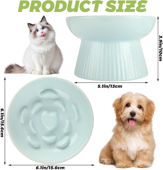 2 Pack Raised Cat Slow Feeder, Elevated Slow Feed Dish for Cats and Small Dogs, Ceramic Slow Feeder Cat Bowl, No Spill High Edge for Dry/Wet Food(Blue, Green)