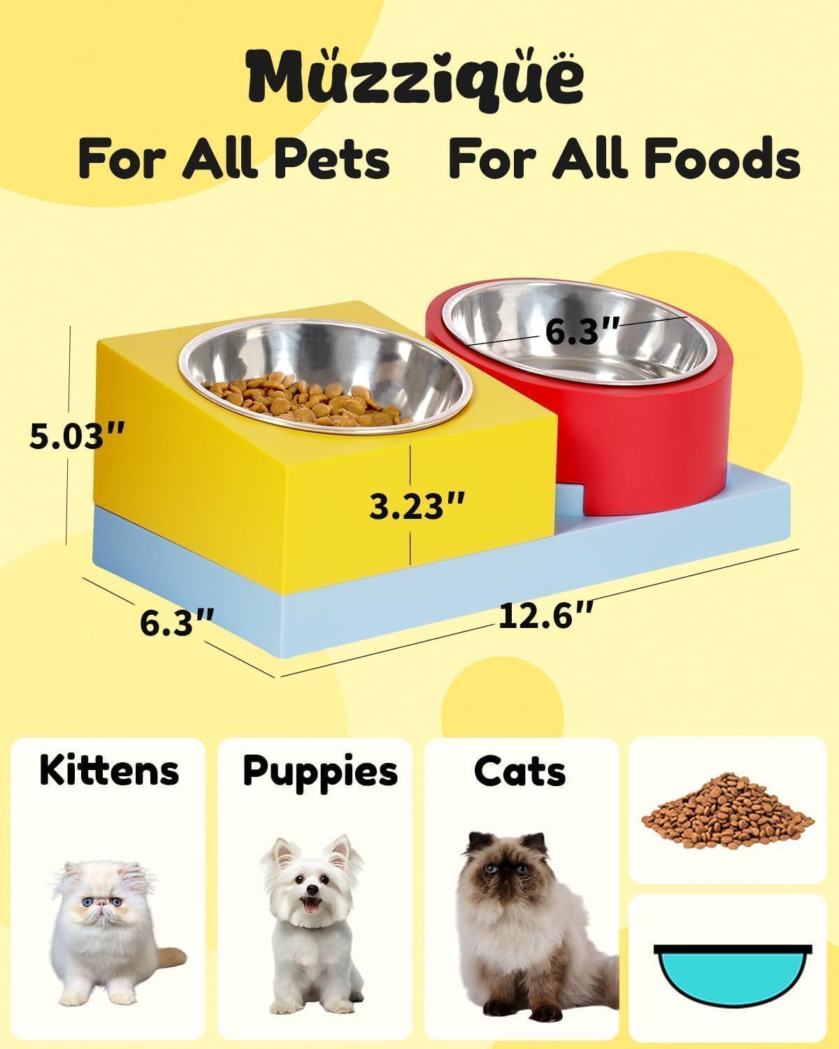 Cat Food Water Bowl Set, for Cats/Dogs, w/ 2 Raised Stainless Steel Puppy Bowls, Elevated DIY Kitten Metal Dishes Stand, Flat Tilted Pet Holder, No Spill Anti Whisker Fatigue Plastic Feeding Station
