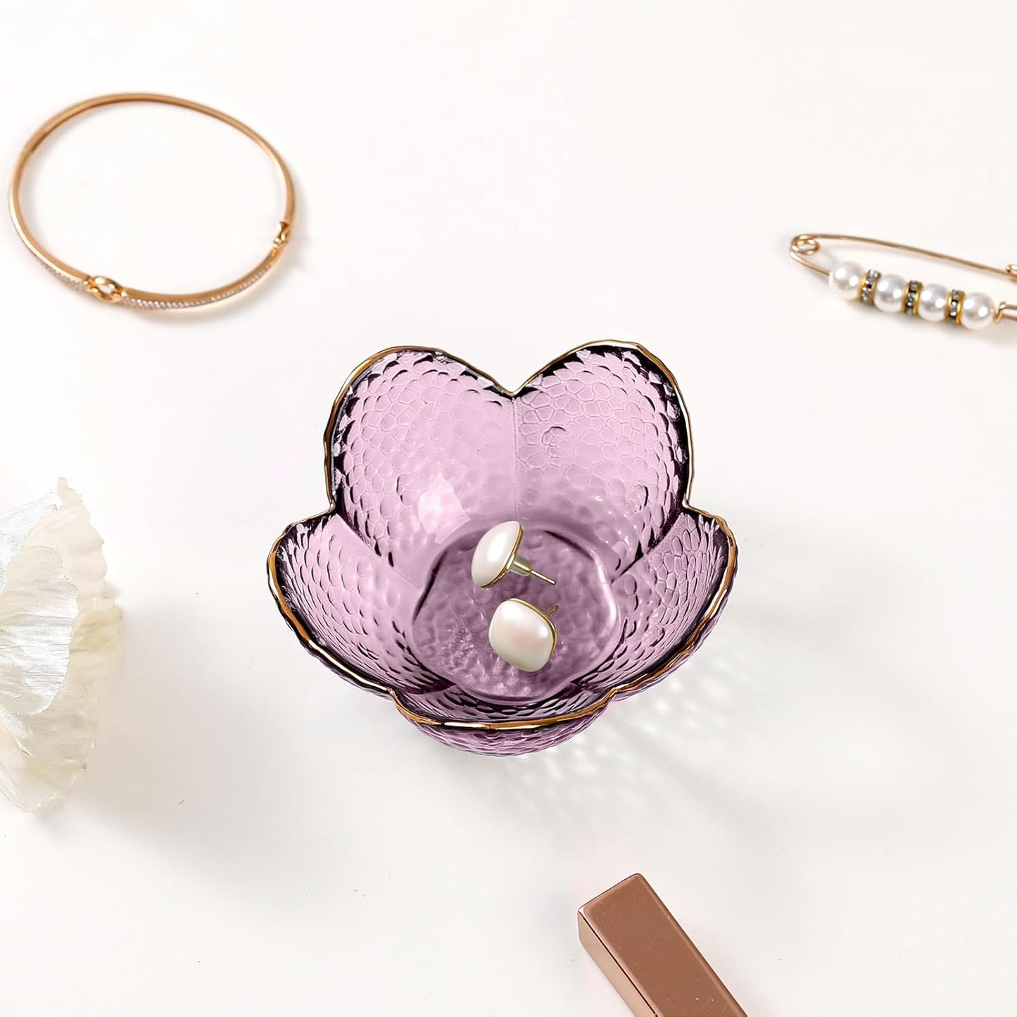 Purple Flower Jewelry Dish Glass Ring Holder Dish Jewelry Tray Cute Vanity Organizer Aesthetic Nightstand Bathroom Room Decor Trinket Dish Valentine's Friendship Christmas Birthday Gifts for Women