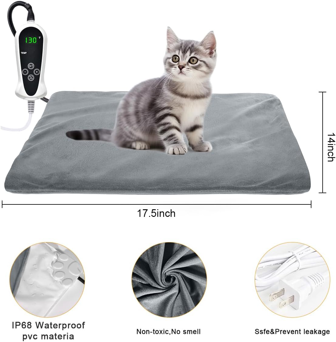 RIOGOO Pet Heating Pad, Upgraded Electric Dog Cat Heating Pad Indoor Waterproof, Auto Power Off (S 17.5"x 14", Grey)