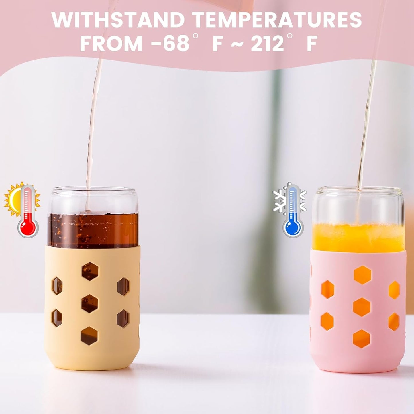 Glass Cups with Lids and Straws (4 Pcs), 16oz Drinking Glasses Set with Silicone Sleeves for Coffee Bar Accessories Iced Coffee Cups with Lids, Glass Tumbler Reusable for Gifts