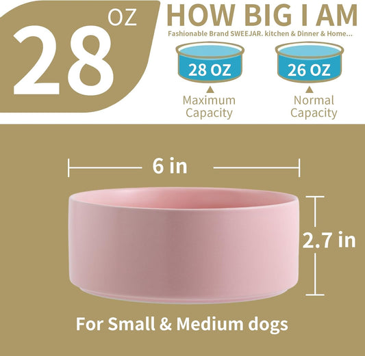 Pink Elevated Dog Bowl Ceramic for Small Medium Sized Breed,Raised Dog Food Water Bowl with Stand,6 in 3.6 Cups Non Slip Pet Dish Heavy Weighted