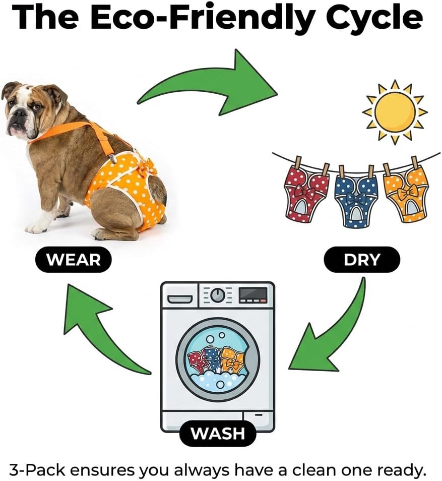 Washable Female Dog Diapers with Adjustable Suspenders, Anti-Slip Dog Period Panties That Stay On, Reusable Incontinence Nappies for Heat & Senior Care, Highly Absorbent 3 Pack, No Leak