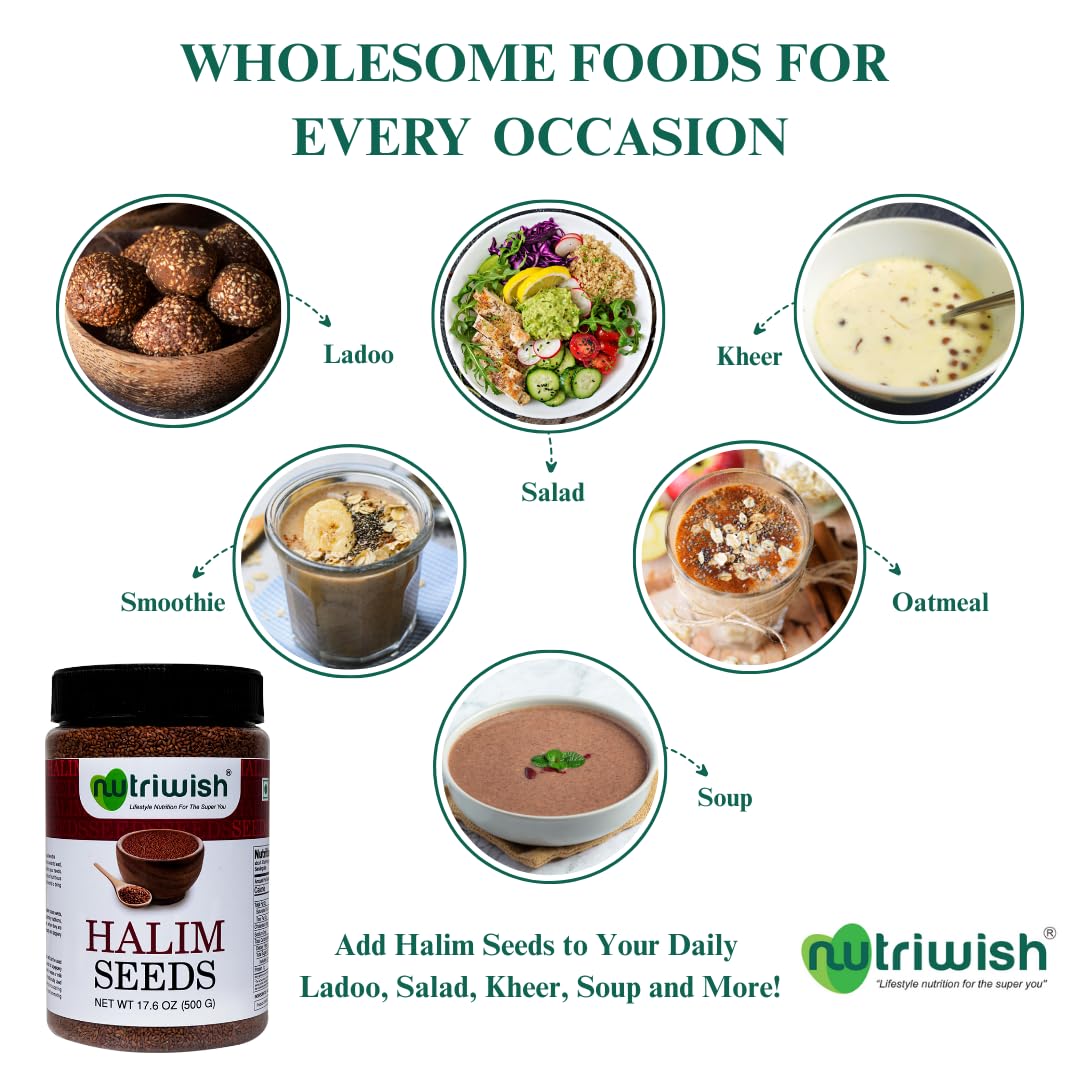 Nutriwish Natural Halim Seeds | 17.6 oz (500 g) | Pure & Natural Garden Cress | Safe & Beneficial Aliv Seeds | Halim Aliv Garden Cress Seeds for Eating | No Additives | High Protein Snack |