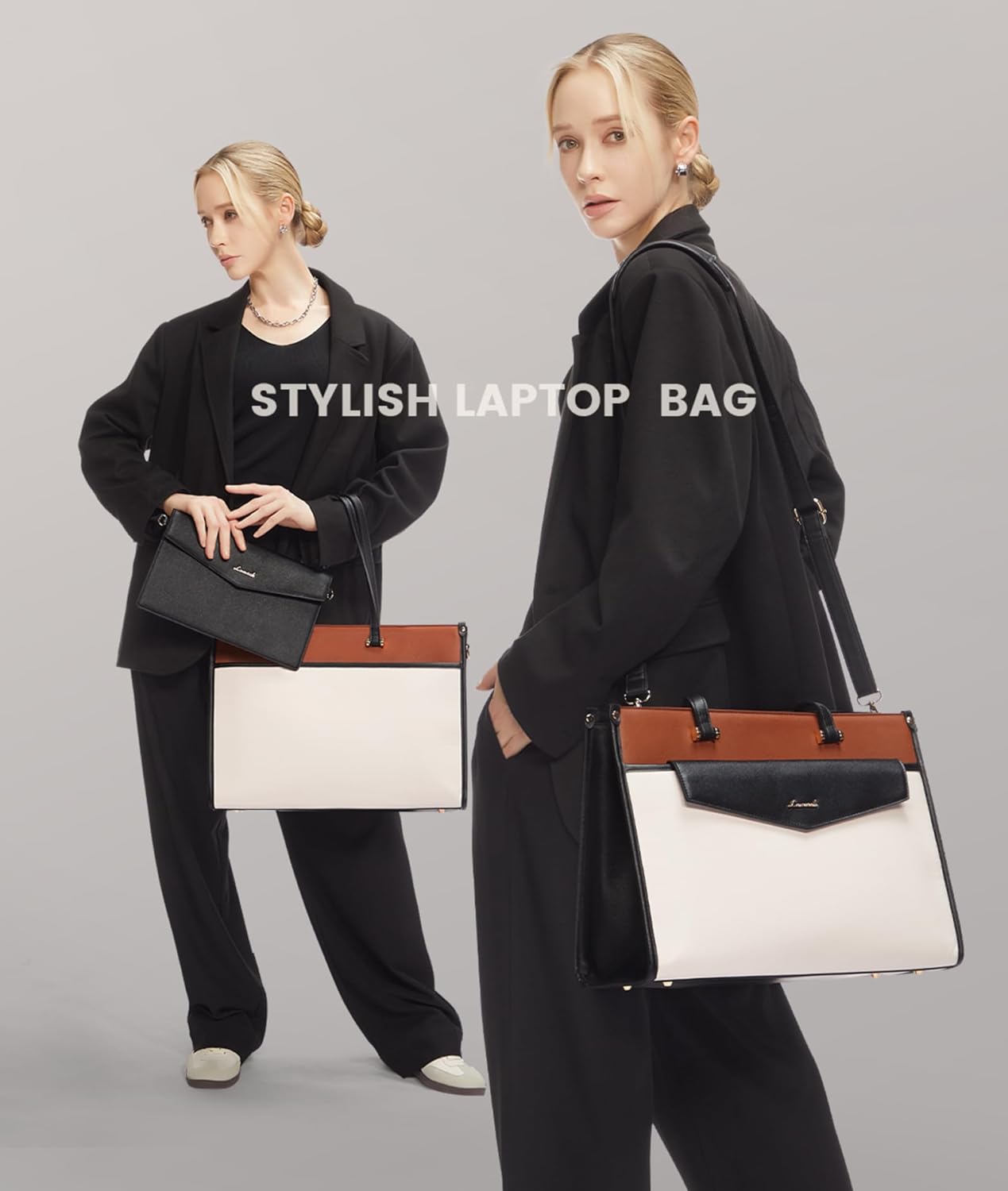 LOVEVOOK Laptop Bag for Women, 15.6'' Laptop Tote Purse 2-in-1 Professional Work Bag Business Briefcase with Clutch Purse, Waterproof Leather Computer Handbag for Teacher Office Travel