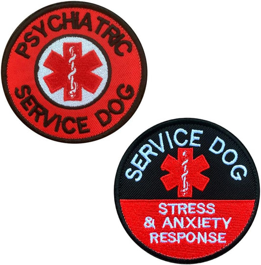 Zcketo 2 Packs Red Round 3.15 inch Embroidered Dog Patch - Psychiatric & EMT Service Dog Stress & Anxiety Response - Hook & Loop Fastener