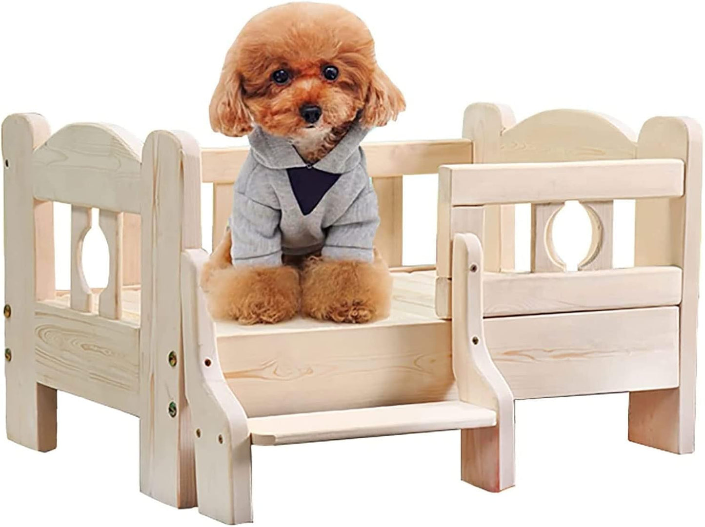 Dog Bed 68/80/100cm Wooden Dog Bed Pet Bed Pet Bed Frame Solid Wood Kennel Dog Bed with Guardrail & Stairs for Small Medium Large Dogs Cats for Dogs Pet Cat