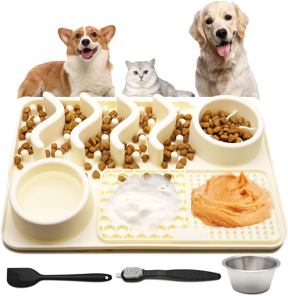 Slow Feeder Mat, Silicone Lick Mat with Suction Cups for Dog Cat, Puzzle Snuffle Mat for Pet Smell Training Bored Puppy, Interactive Sniff Mat Slow Eating Keep Busy (Beige)