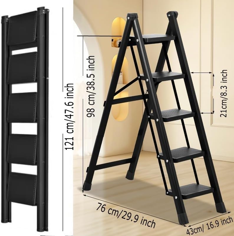 Step Ladder 5 Step Folding Portable Step Ladder with Anti-Slip Wide Pedal Aluminum Stepladder Lightweight Step Stool for Office Household Library 300lbs - Black