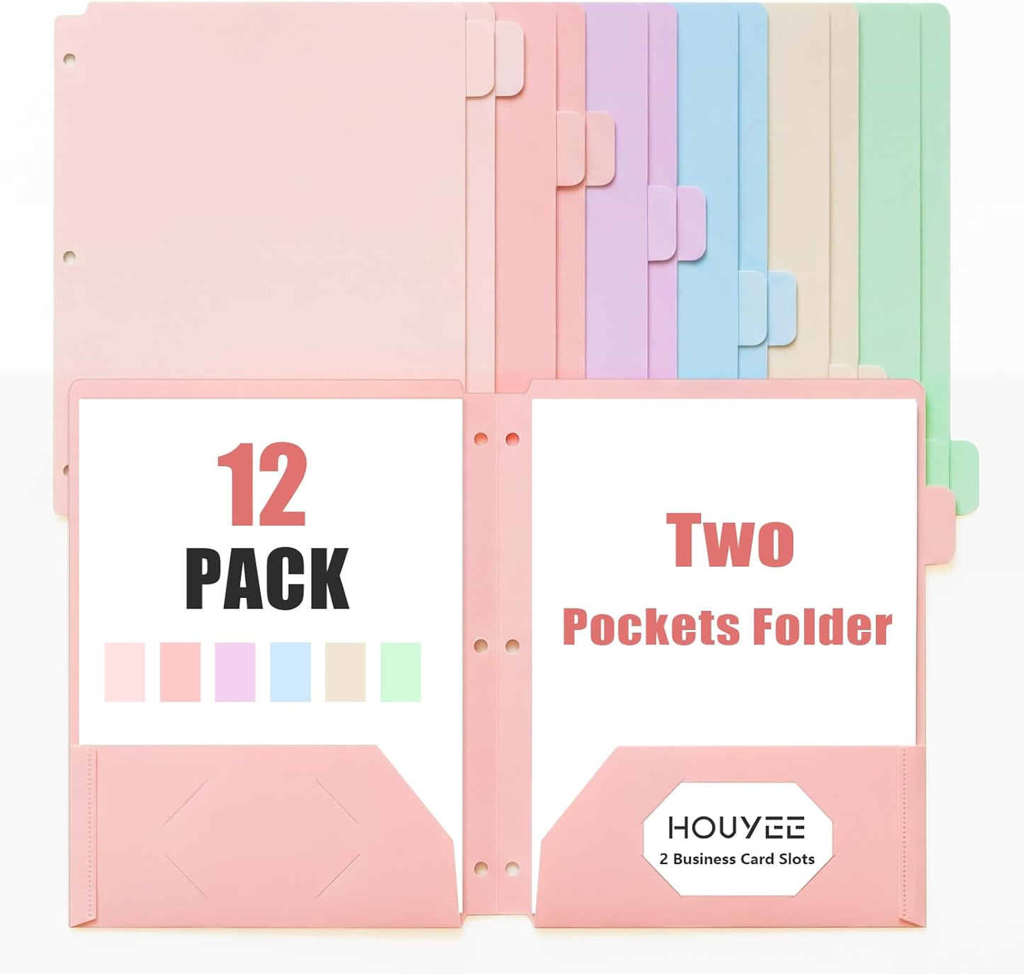 HOUYEE 12 Pack Plastic Folders with Pockets 3 Hole Punched, 2 Pockets File Folders for 3 Ring Binder, with 2 Business Card Slot, 1/6 Cut Tabs & Labels, for Letter Size, School Office Home Bussiness