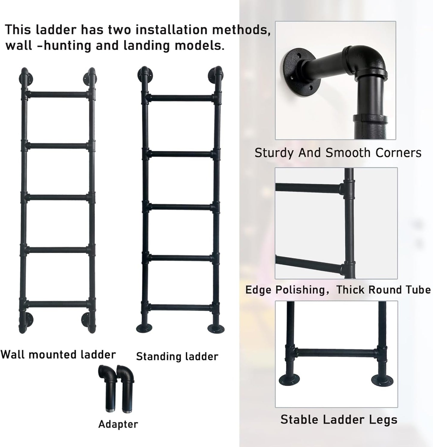 3 Steps Basement Window Well Egress Exit Ladder，Wall/Floor-Mounted Ladders for Home, Metal Step Ladder for RV Attic Bunk Bed, Loft Steps for Dorm Beds,355LBS Load Capacity(Black, 3 Steps)