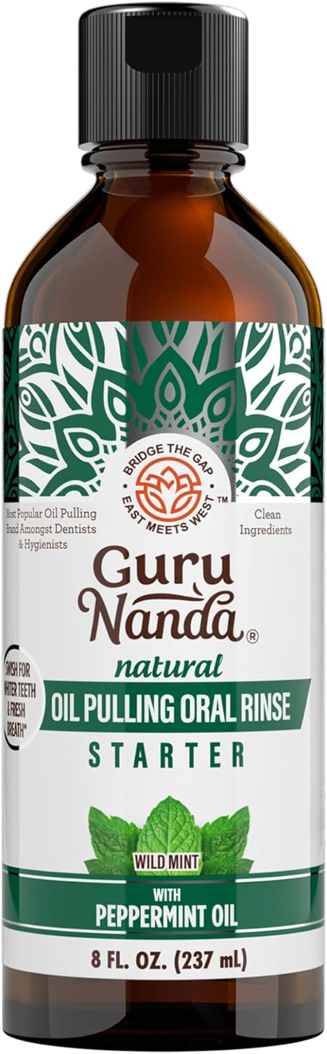 GuruNanda Starter Pulling Oil Mouthwash for Natural Teeth Whitening, Coconut and Peppermint Oil for Fresh Breath & Happy Gums, Alcohol-Free, 8 Oz