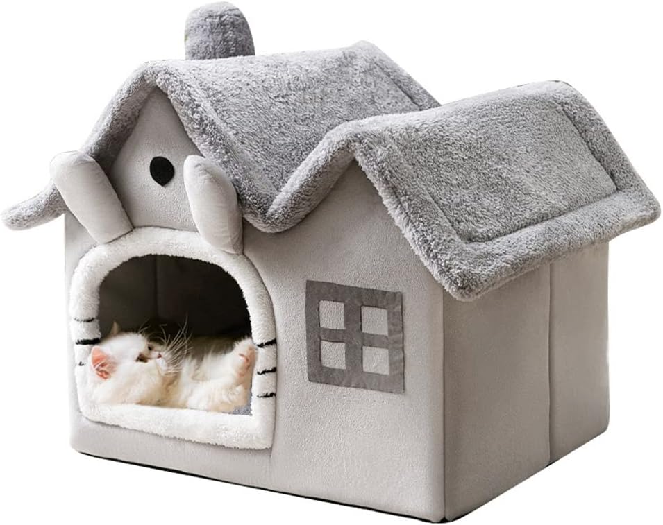 Luxury Double Roof Indoor Dog House Cat Nest,Foldable Warm Soft Kennel,30D High Elastic Memory Sponge,Removable Cushion and Non-Slip Bottom (Grey Double Roof, S)