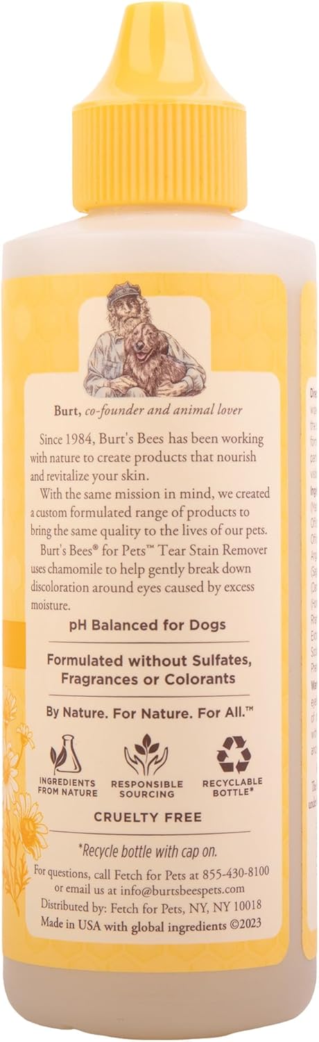 Burt's Bees for Pets Tear Stain Remover for Dogs with Chamomile, 99.9% Natural Origin Formula, Gently Cleanses Eye Area and Removes Debris, Safe for Dogs and Puppies, Cruelty-Free, 4 Fl Oz