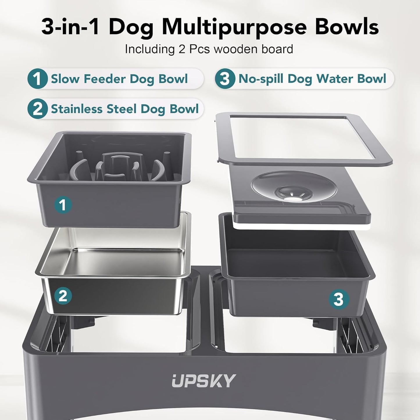3-in-1 Elevated Dog Bowls Slow Feeder, 4 Height Adjustable Raised Dog Bowl with 2 Pcs Wooden Lids, No Spill Water Bowl Dispenser, Stainless Steel Pet Food Bowls for Medium Dogs