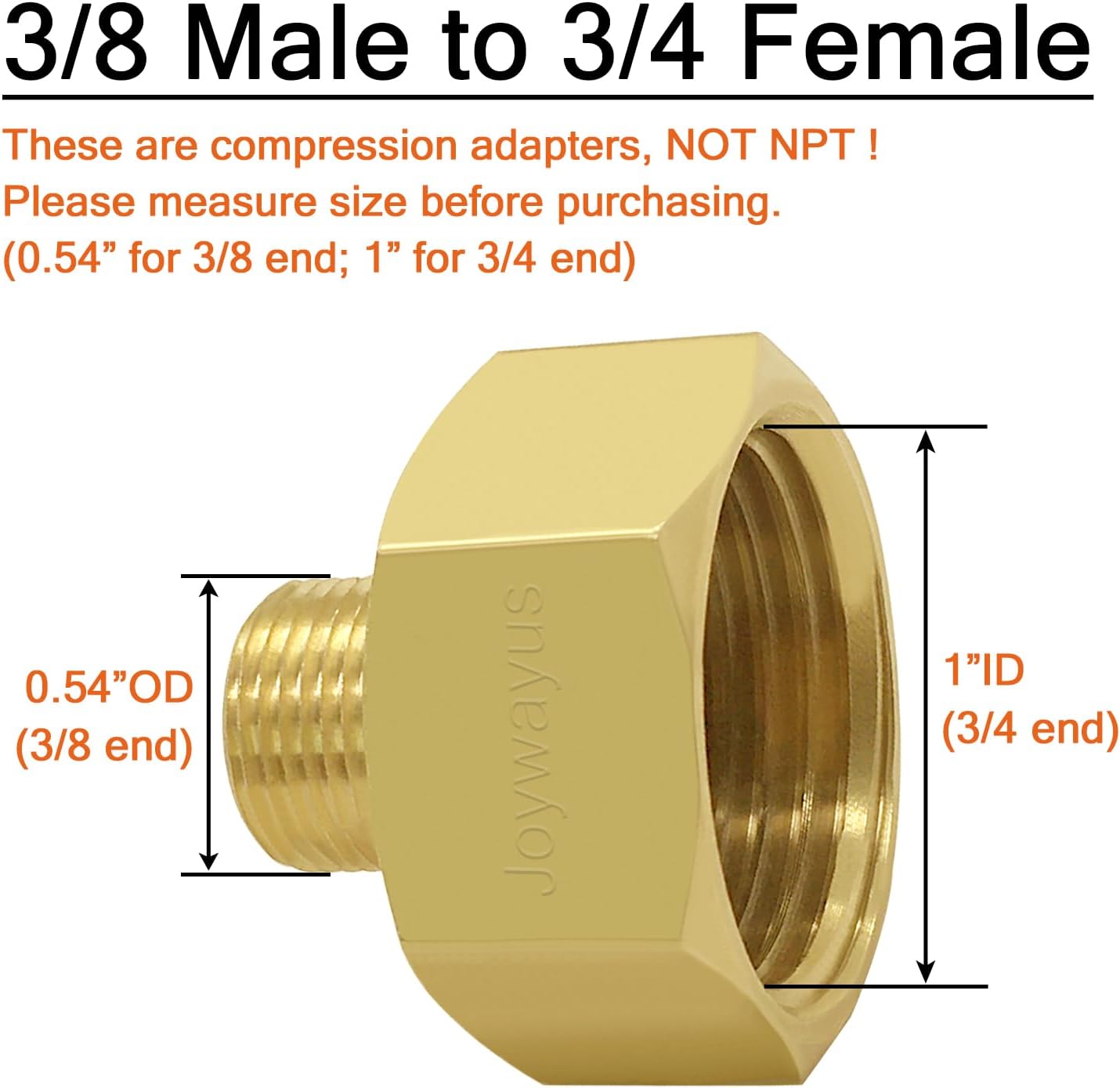 Joywayus 2PCS 3/4 GHT Female to 3/8 Compression Male Thread Adapter Pipe Fitting, Brass Reducer Faucet Connector Water Hose Adapter, Supply Line to Garden Hose Adapter for RV Kitchen Bathroom Plumbing