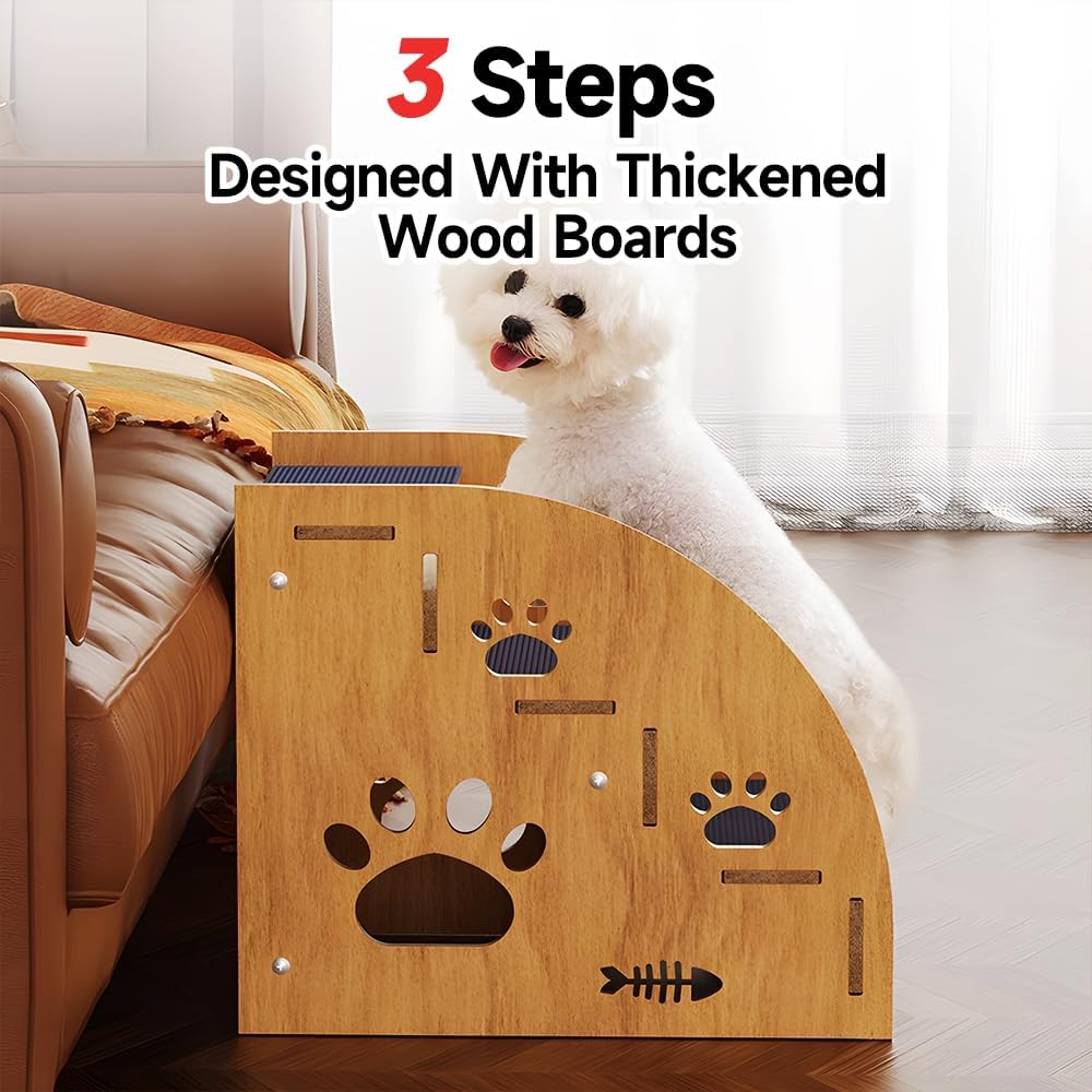Pet Steps for Small Dogs,Wooden Cat Stairs for Old Cats,Doggy Dog Steps for Bed Couch Sofa Windows,3-Step Ladder, 16" L x 12" W x 14" H，Suitable for Height 14-17in