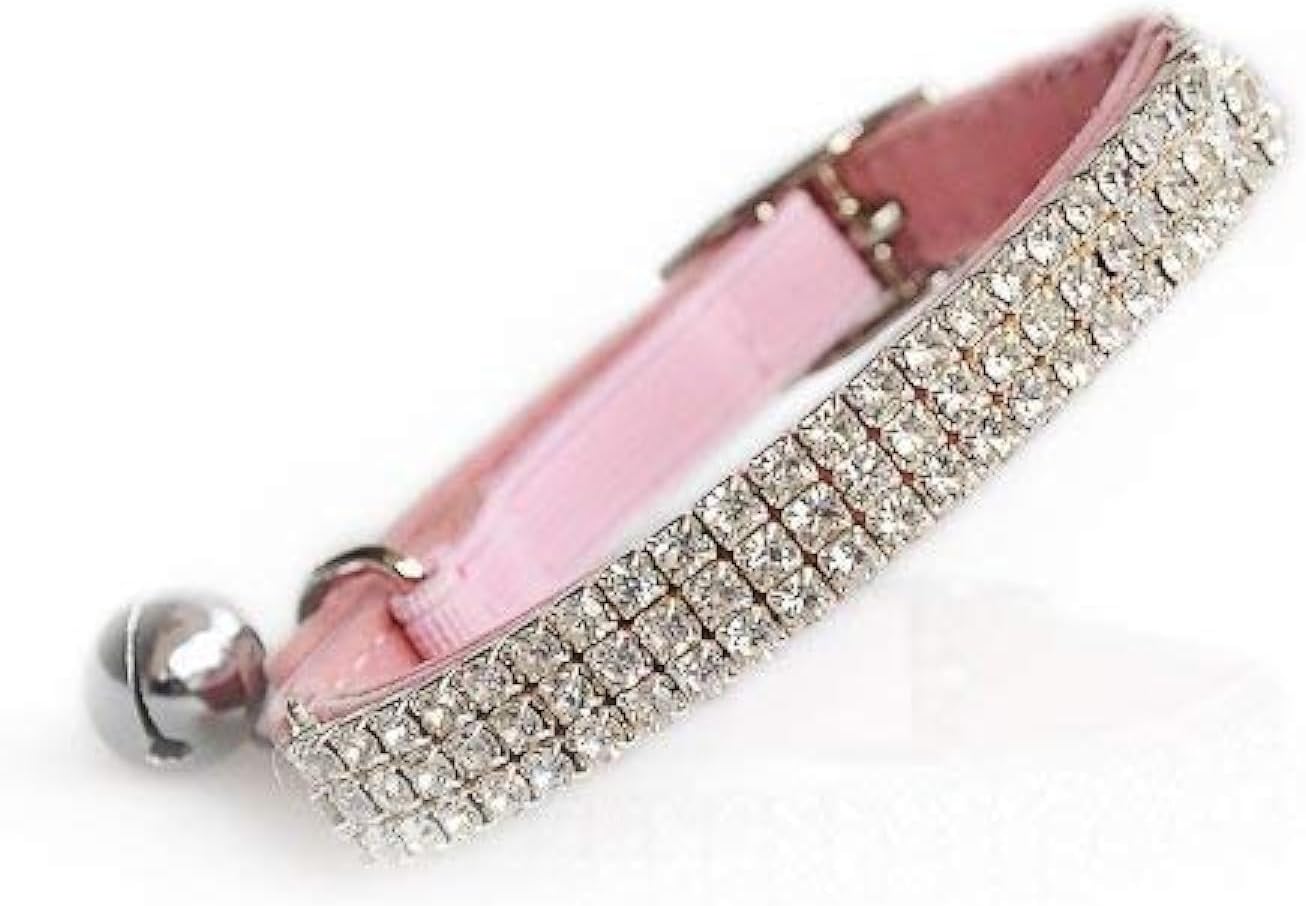CHUKCHI Soft Velvet Safe Cat Adjustable Collar Bling Diamante with Bells,11 inch for Small Dogs and Cats (Pink)
