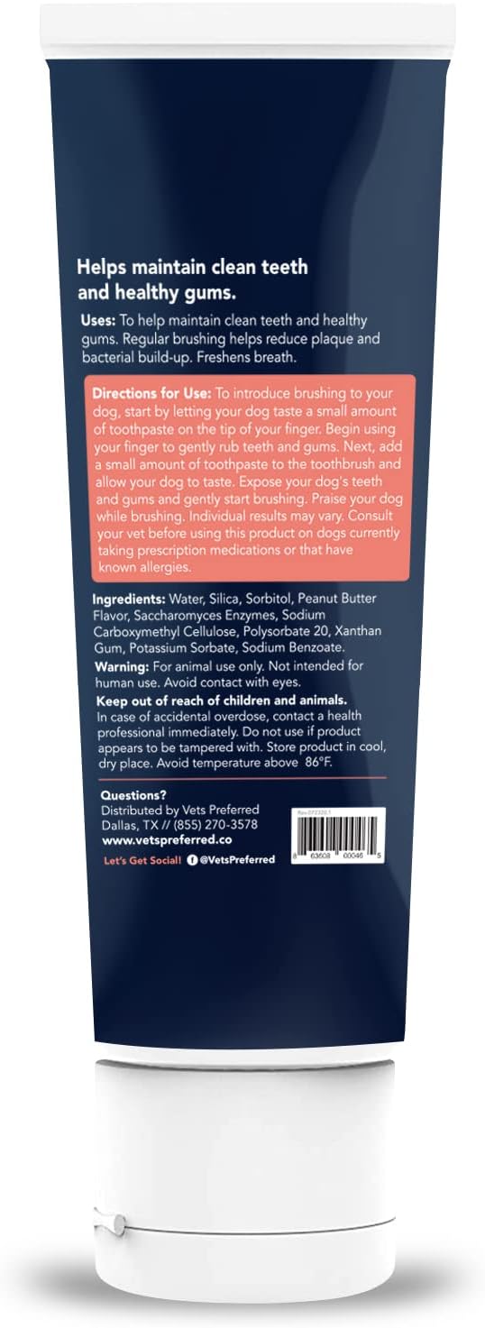 Vets Preferred Dog Enzymatic Toothpaste – Safe and Natural Dog Oral Care Toothpaste – Freshens Breath, Fights Plaque and Reduces Tatar – Tasty Peanut Butter Flavor – 3 Oz