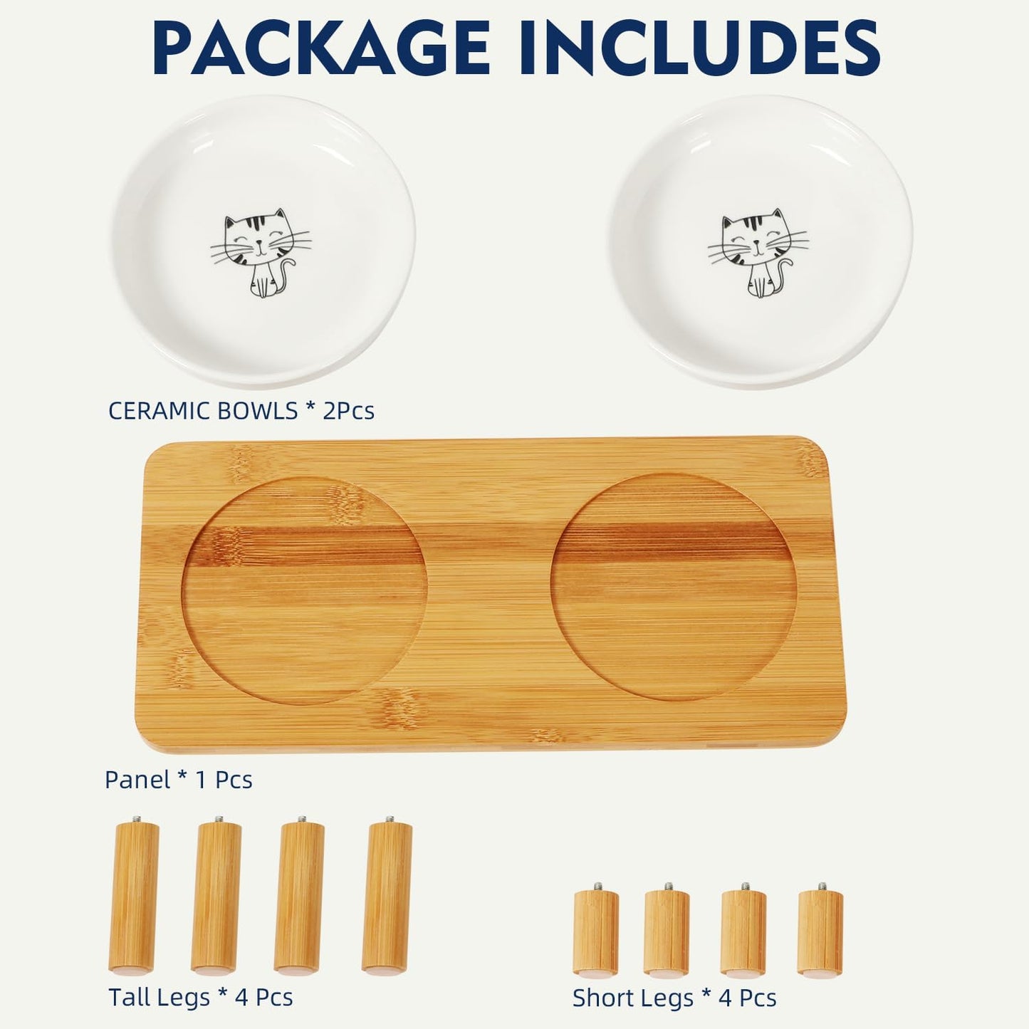Elevated Cat Bowls for Indoor Cats – Raised Bamboo Cat Food Table with 2 Ceramic Dishes, Adjustable Height (4.25"/3.07"), Whisker Friendly Feeding Station