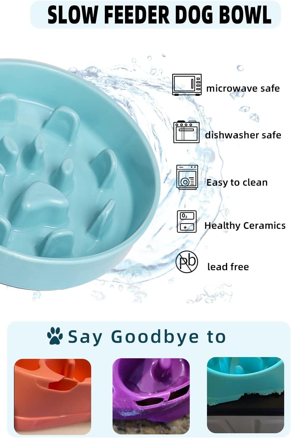 HAOTOP Ceramic Fun Slow Feeder Bowl, Porcelain Slow Eater Bowl for Medium Sized Dogs (Turquoise)