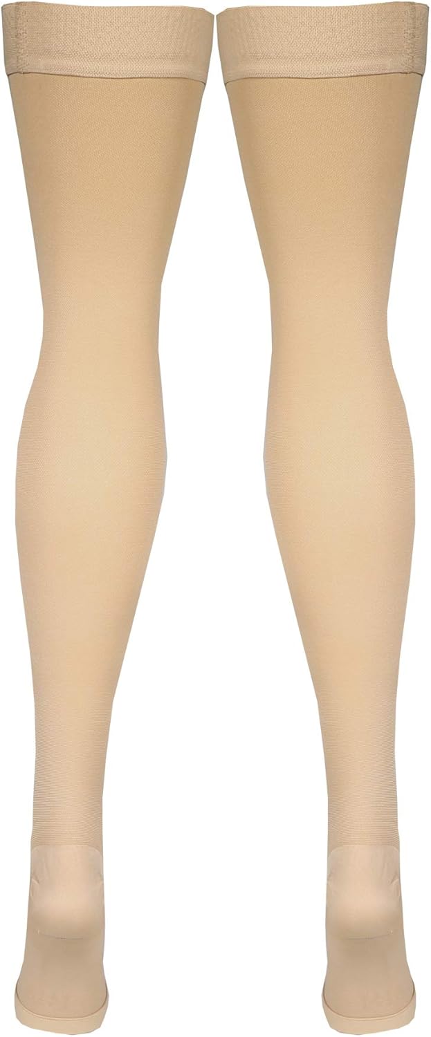 Amazon Basic Care Medical Compression Stockings, 20-30 mmHg Support, Women & Men Thigh Length Hose, Open Toe, Beige, Medium (Previously NuVein)