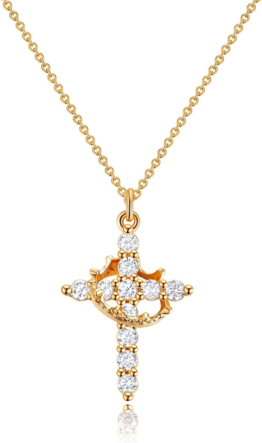 Valentines Day Gifts Upgraded Crown Cross Necklace for Women, 14K Gold Plated Crown Cross Pendant Necklace, Non-Tarnish Faith Jewelry for Women, Christian Religious Gifts for Her