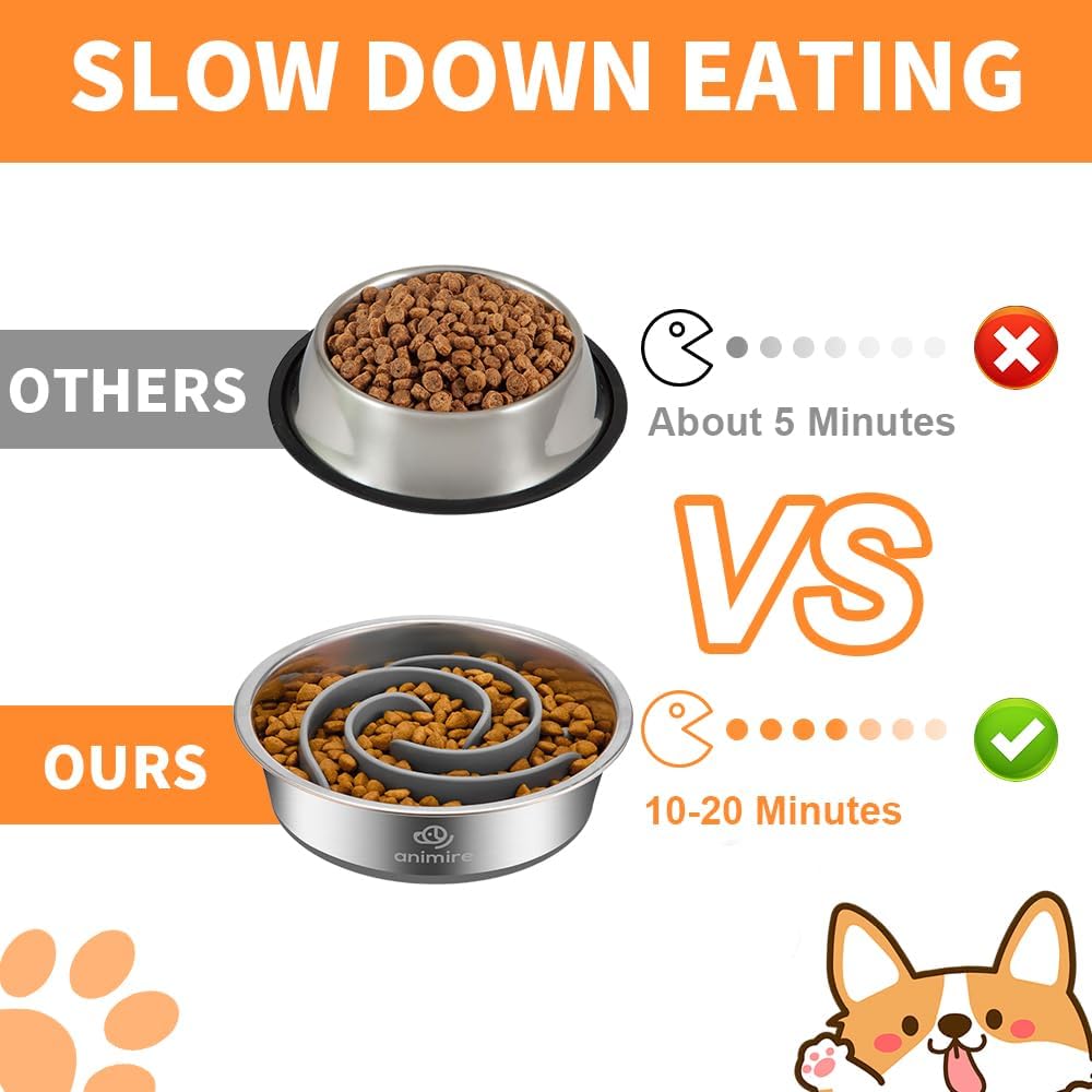 2-in-1 Metal Dog Bowl with Slow Feeder Insert, Stainless Steel Dog Bowls Food Grade 304, Water Food Bowl with Anti-Slip Silicone Base for Small, Medium, Large Dogs