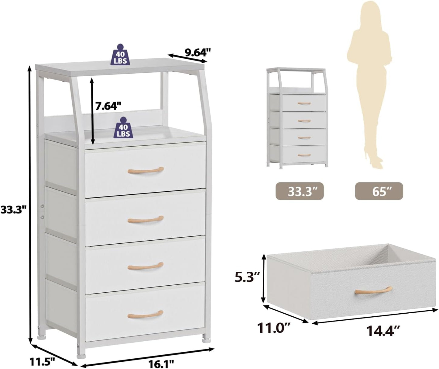 Furnulem Tall 4 Drawers Dresser, Vertical Storage Tower for Bedroom, Hallway, Entryway, Nursery, Closet Organizer, Nightstand Bedside Table Furniture, Sturdy Steel Frame, Wood Top, White