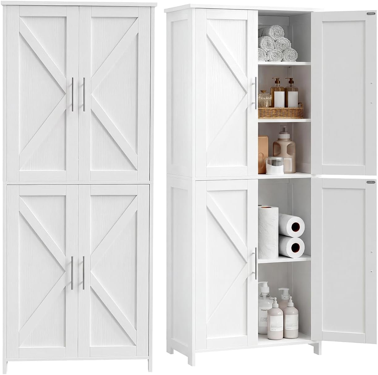 Tall Bathroom Storage Cabinet, 11 x 22.8 x 63 Inches, Floor Cabinet with Barn Doors, Adjustable Shelf, Linen Pantry Cabinet for for Kitchen, Laundry Room, Living Room, Entryway, White
