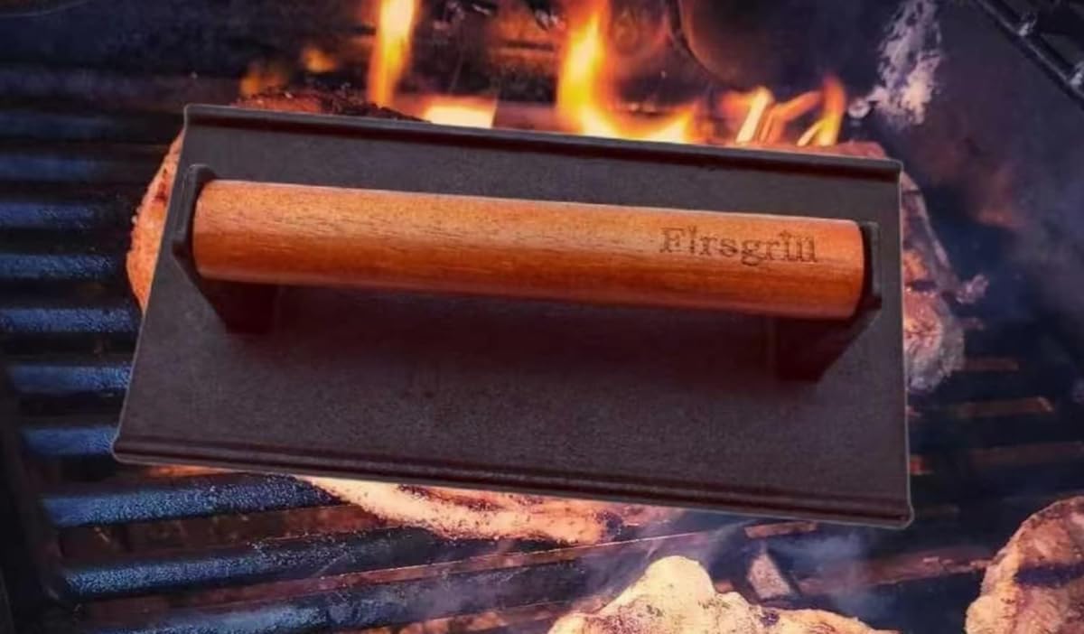 Firsgrill Burger Press Heavy-Duty Cast Iron Smash Meat Steak with Wood Handle for Blackstone Camp Chef Pitboss Weber Treager Griddle Grills (Round & Rectangle w Flat Bottom)