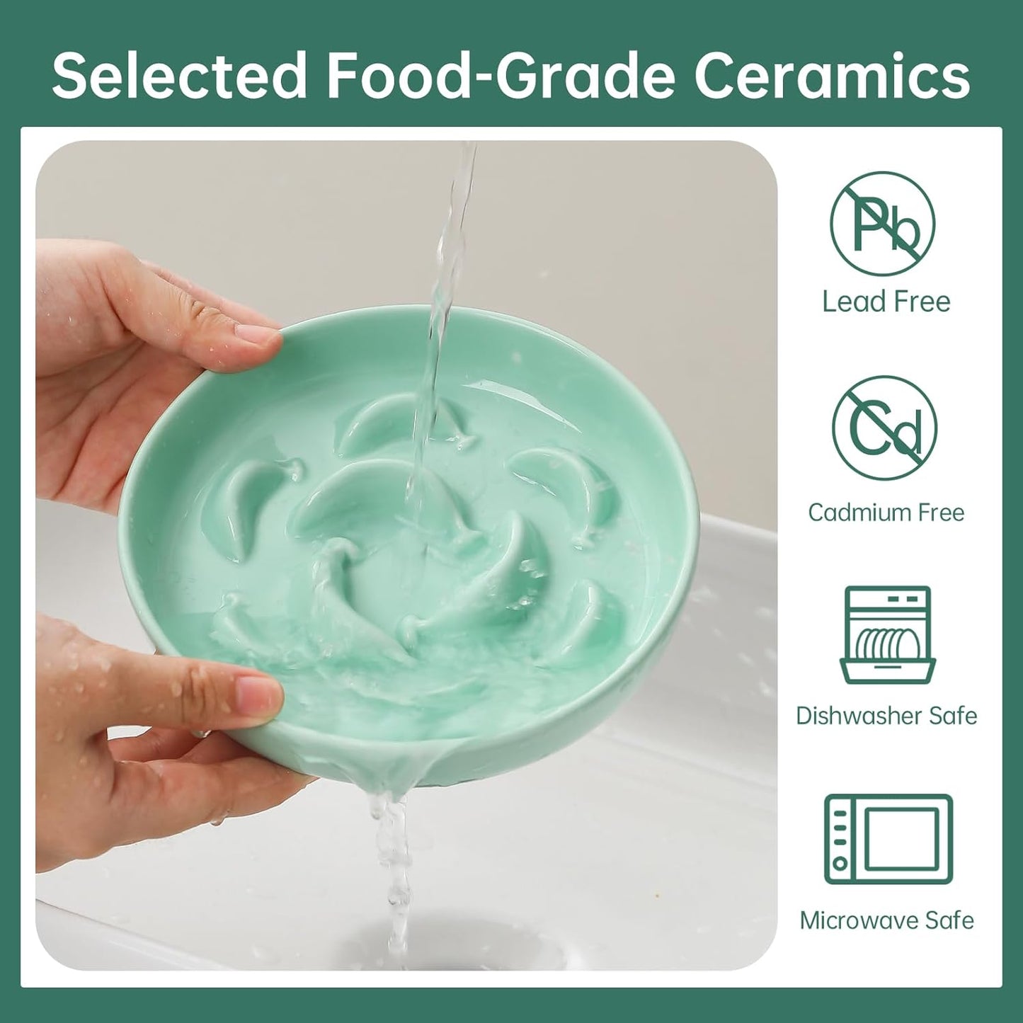 Cat Slow Feeder Bowl Set - 2-Pack Ceramic Cat Dishes for Slow Eating - Whisker-Friendly Cute Maze Bowls for Dry & Wet Food - Microwave & Dishwasher Safe - White and Green