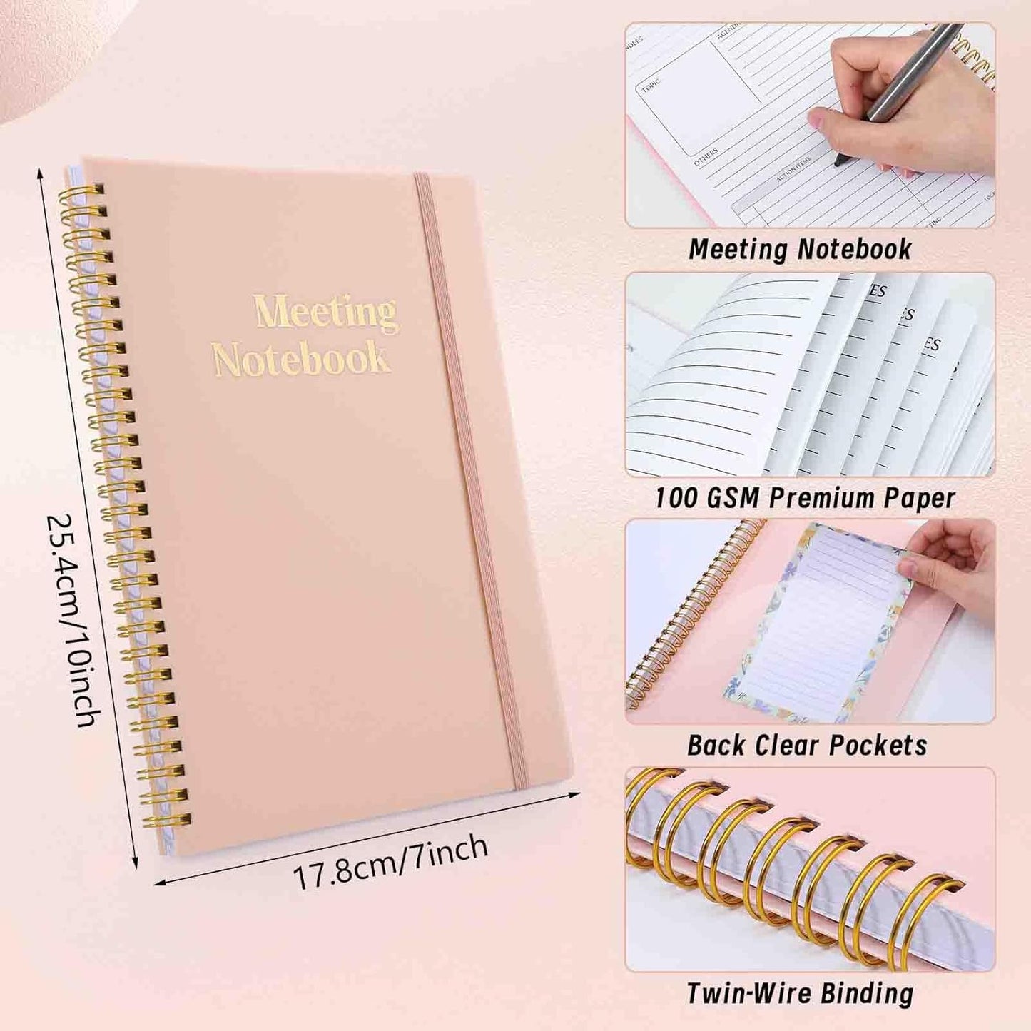 Meeting Notebook for Work with Action Items & Meeting Minutes, 160 Pages Undated Spiral Bound Hardcover Work Notebook for Women & Men, 7" x 10" (Pink)