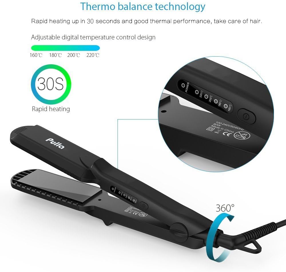 Pulla Hair Straightener and Crimper - 4 in 1 Tourmaline Ceramic Flat and Curling Iron for Hair Styling with Adjustable Temperature - Salon High Heat 320°F - 430°F for All Hair Types