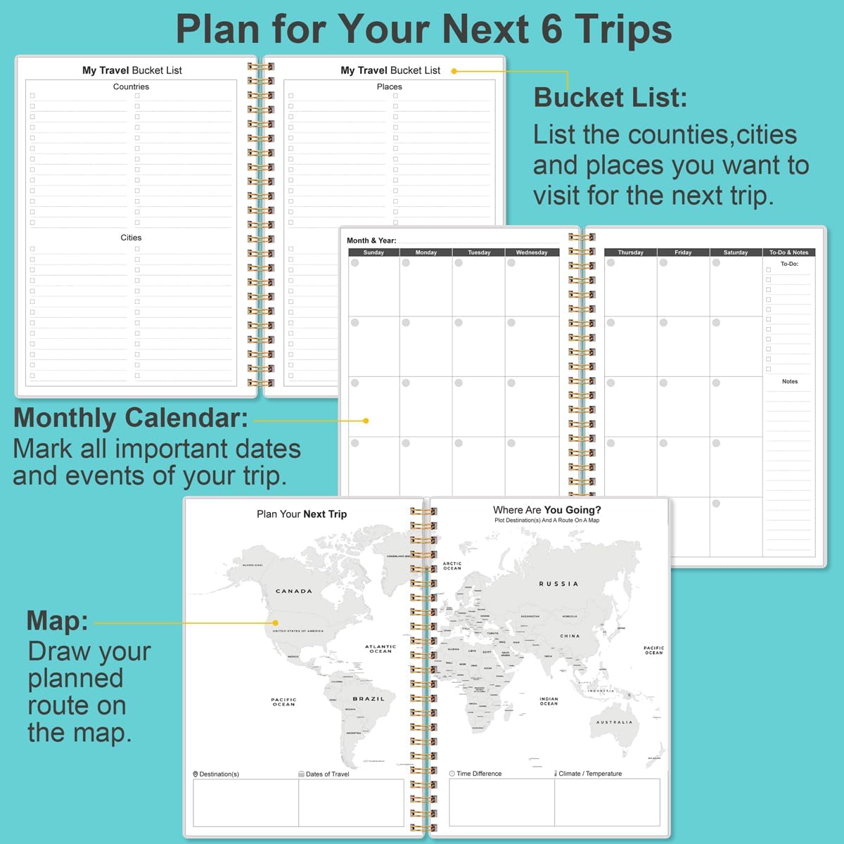 Travel Journal for Women & Men, Vacation & Road Trip Planner Organizer, Travel Notebook for 6 Trips, Trip Planner Gift to Record Memories and Adventures from Special Trips, 5.8" x 8.5", Teal Floral