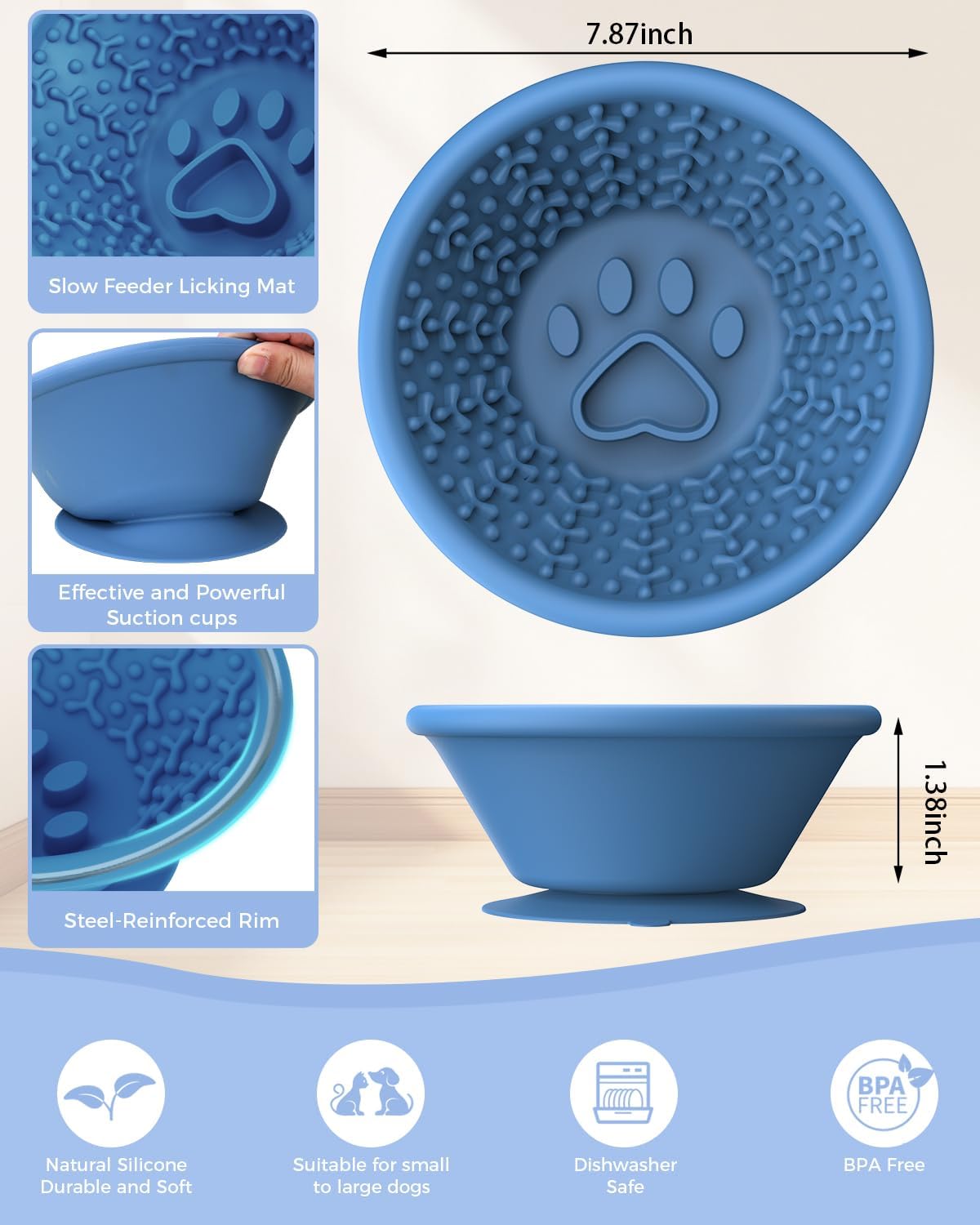 Dog Slow Feeder Lick Bowl to Prevent Fast Eating, Steel Reinforced Rim, Non-Slip Suction Base, BPA-Free Silicone, Dishwasher & Freezer Safe, Helps Extend Mealtime & Keep Dogs Calm(Blue)
