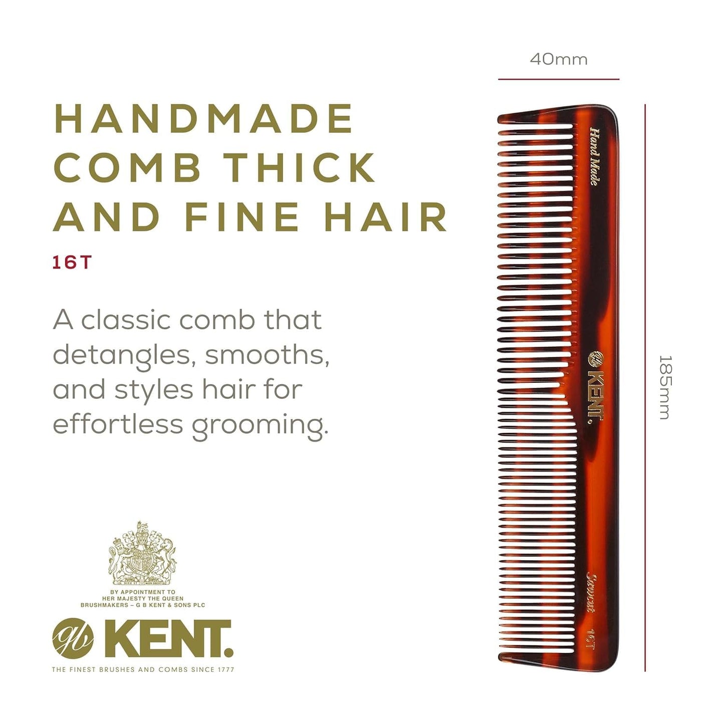Kent 16T-16TG Fine Tooth and Wide Tooth Comb for Daily Grooming, Handmade Styling Comb for All Hair Types, Styling and Detangling Combs for Men and Women