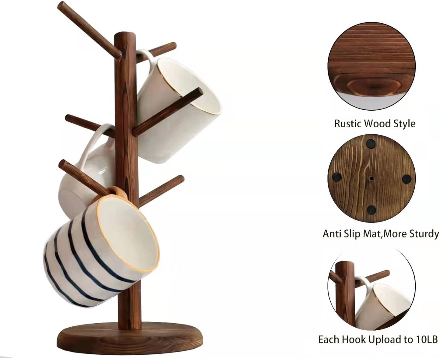 Dorhors Mug Holder Tree,Coffee Cup Holder with 6 Hooks, Wood Mug Rack for Counter,Coffee Bar Accessories and Orgnizer Station(Brown)
