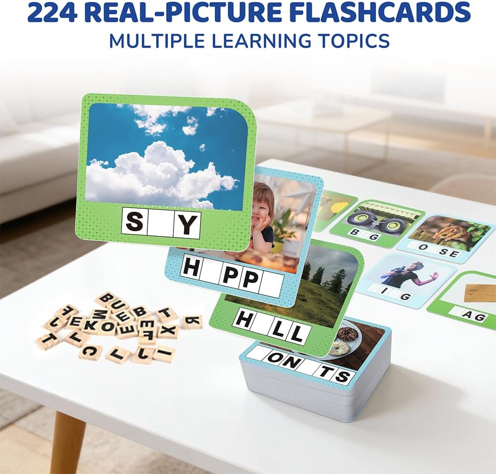 BenBen Spelling Games, 224 Flashcards, 208 Wood Letter Tiles, 1-4 Players, Learning Games for Kids 4-8, Educational Toys for Kindergarten 1st 2nd Grade, Preschool Classroom Must Haves