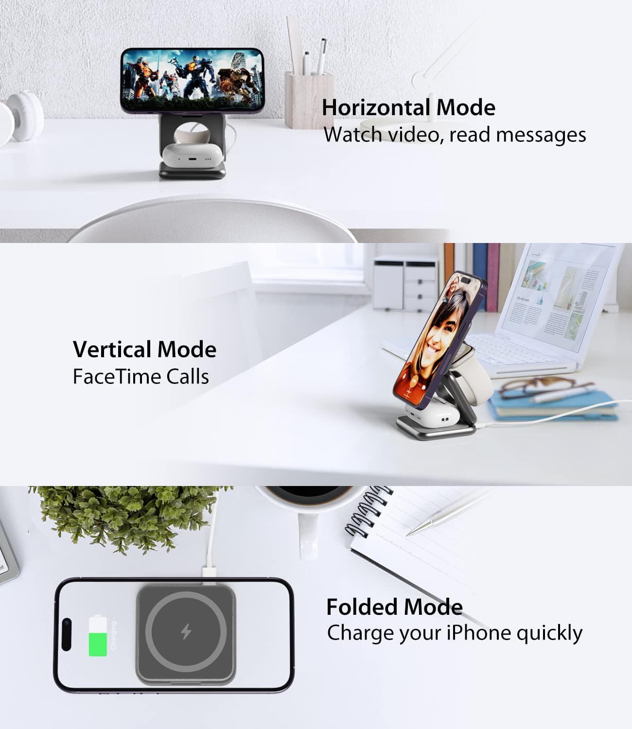 Foldable Magnetic Wireless Charger, KU XIU X40 Aluminum Alloy 3 in 1 Charging Station for Apple, Fast Magnetic Charger Stand for iPhone 17 16 15 14 13 12 Series, 5W for iWatch, AirPods 3/2/Pro, Gray