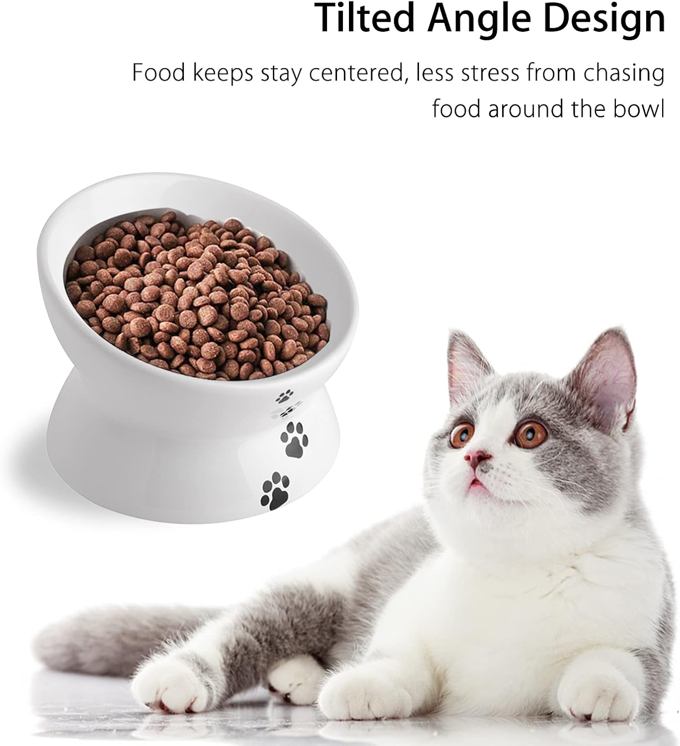 Cat Food Bowls, 10 OZ Elevated Cat Bowls for Cats and Small Dogs, Tilted Pet Feeder Bowl with Raised Stand Protect Cat's Spine, Ceramic Cat Water Bowl No-Spill, Stress Free Cat Dish 2pcs