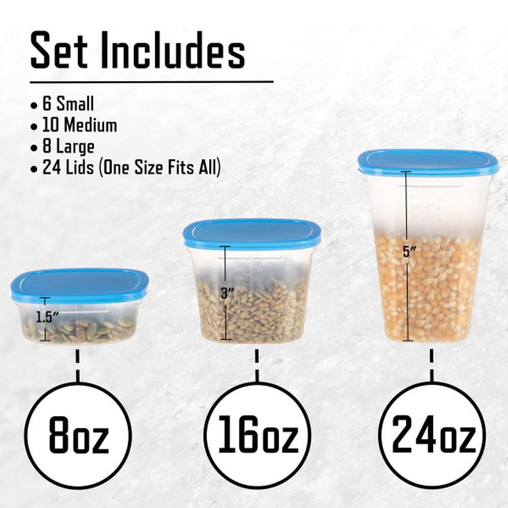 49 Piece Kitchen Containers Storage Set - 24oz, 16oz, and 8oz Plastic Food Storage Containers with Lids and Spinning Carousel for Kitchen Storage Organization, Meal Prep, or Leftovers by Chef Buddy
