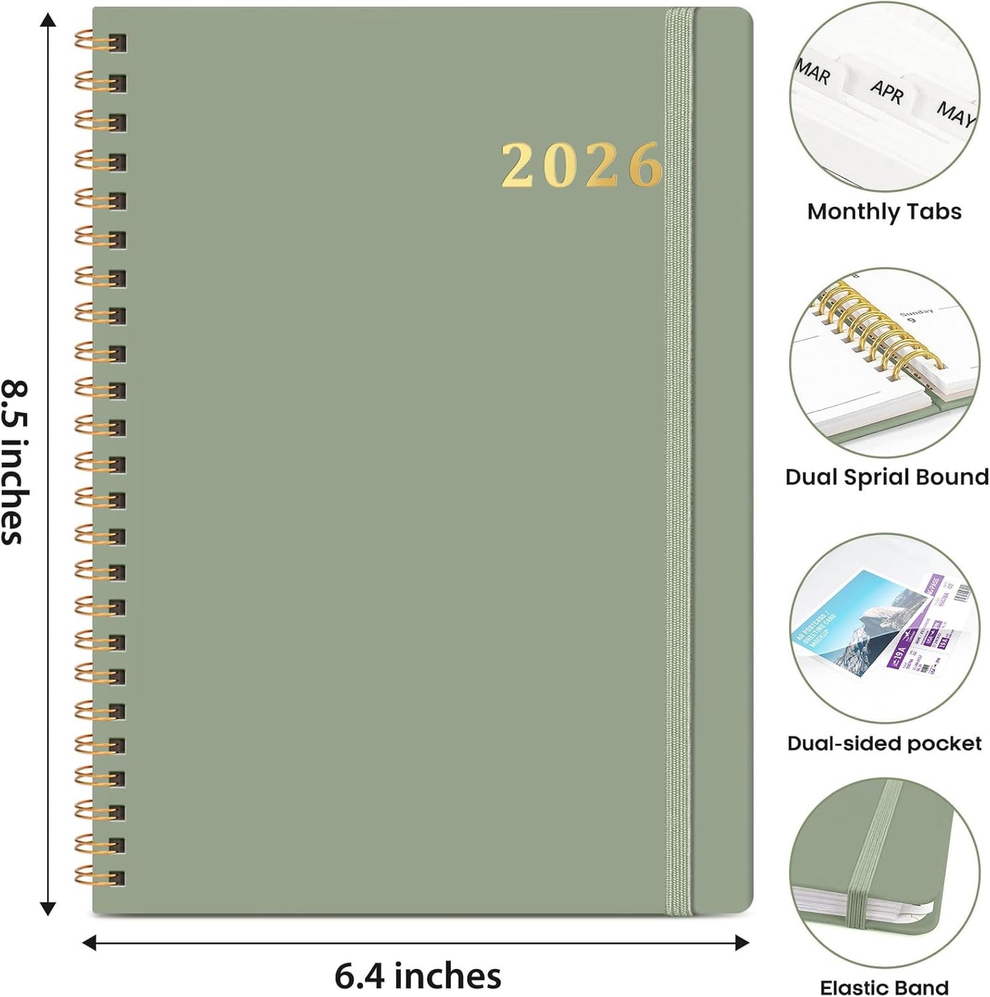2026 Planner, Weekly and Monthly Calendar Planner Book, January 2026 - December 2026, Hardcover Spiral Planner with Monthly Tabs, Notes Pages, Perfect for Women & Men, A5 (6.4" x 8.5") - Green