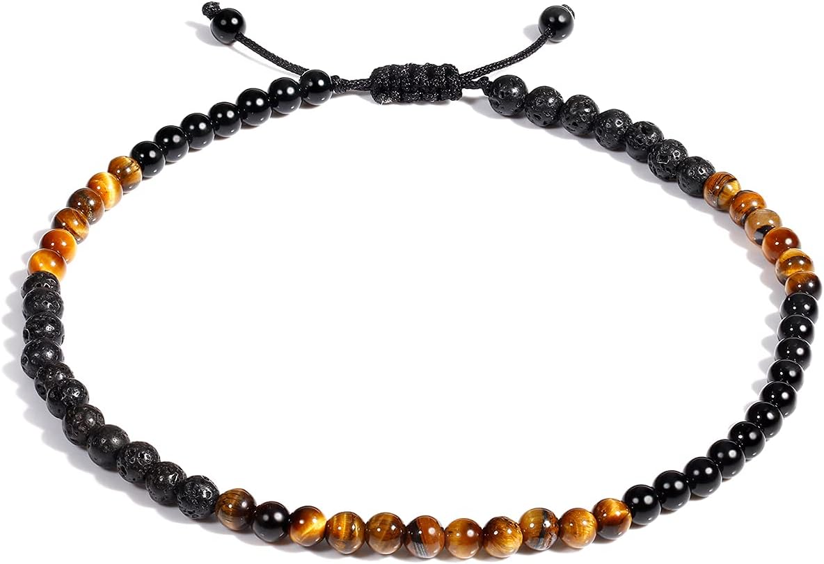 Jewever Anklet Bracelet For Women Tiger Eye/Lava Rock/Black Obsidian Healing Crystals Good Luck Gemstone Essential Oils Diffuser Jewelry