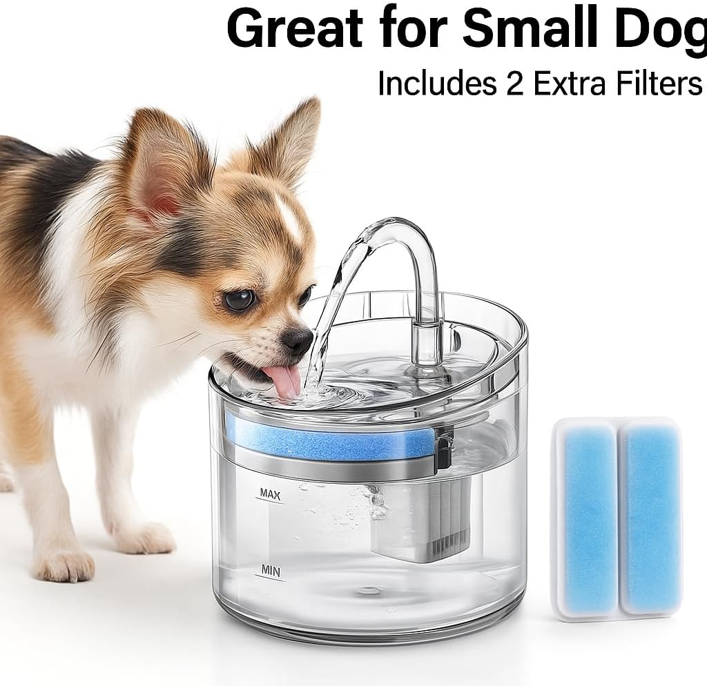 Pet Water Fountain for Cats and Dogs, 2.0L Transparent Automatic Water Dispenser with 3 Filters Included (Extra 2 Bonus Filters) – Quiet Pump – Model WF060