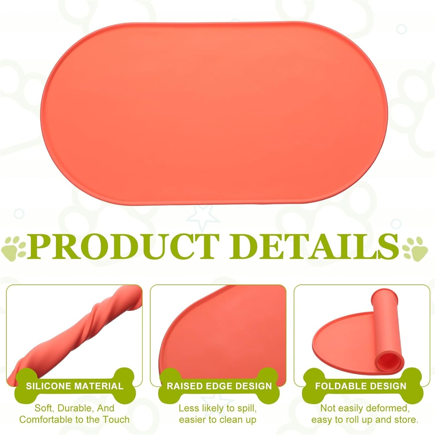 Cat Food Mat, 18x10 Inch Silicone Pet Feeding Mat Non-Slip Oval Waterproof Dog Water Bowl Tray Raised Edge Protects Floors (Orange), Intended for Pets Bowl/Fountain