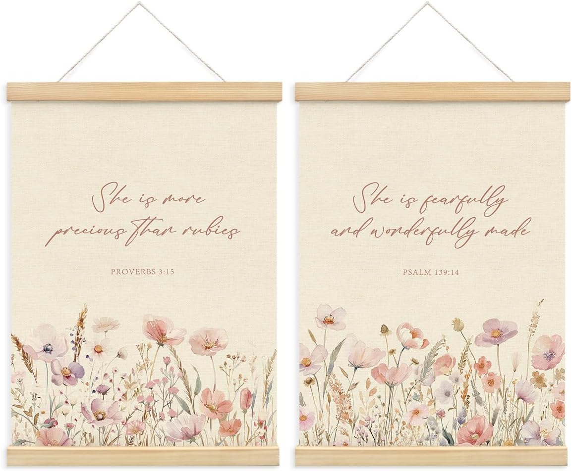 PLKMN Girls Room Decor, Pink Wildflower Baby Girl Nursery Decor Set of 2, Christian Gifts for Girls, Pink Floral Bible Christian Wall Art Framed, 12x16 Inch