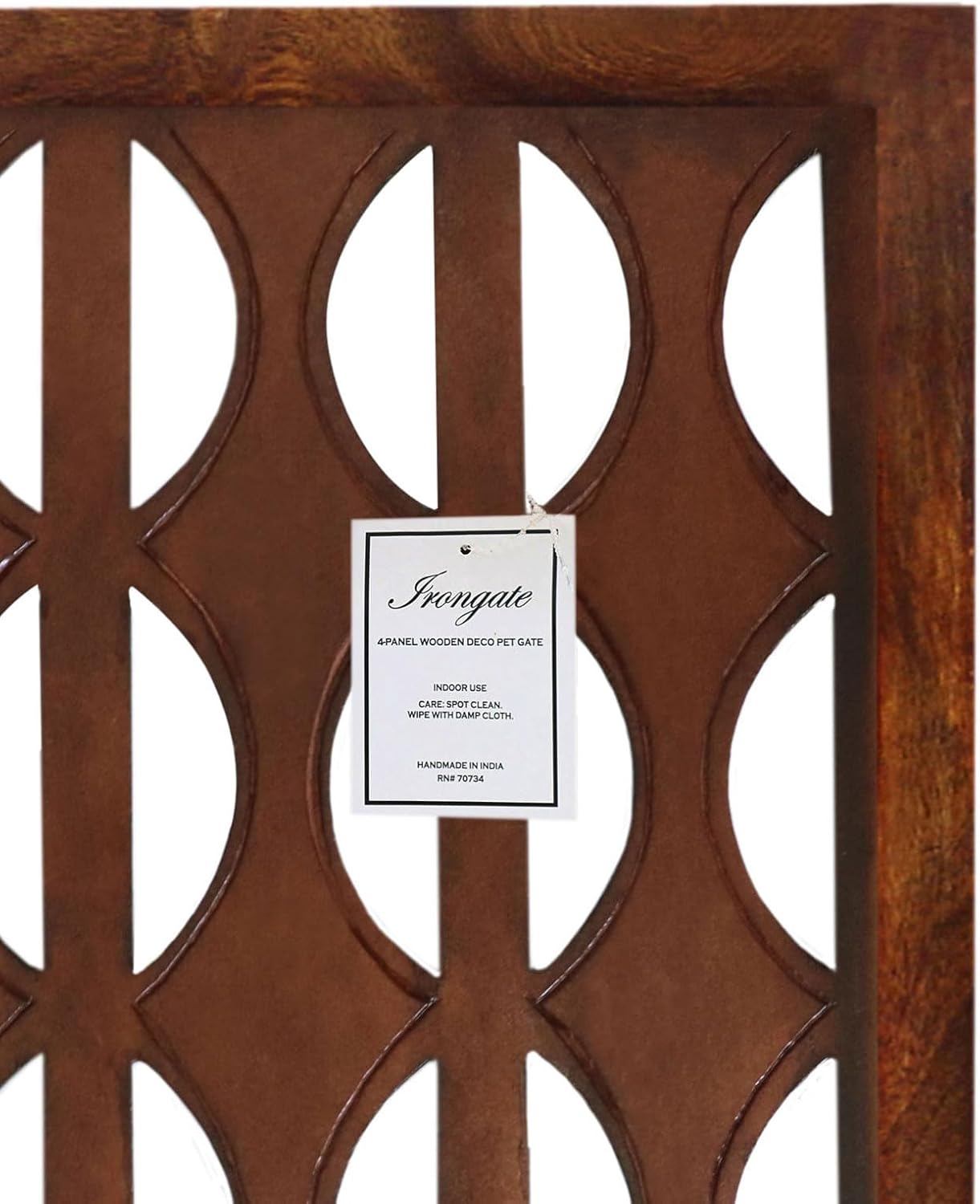 Wooden Foldable Pet Dog Safety Gate - 4 Panels Arc 20 W x 24 H- Hand Carved Solid Wood & MDF- Free Standing Portable Indoor Doorway Hall Stairs Puppy Fence -Fully Assembled- Cinnamon Brown -IRONGATE