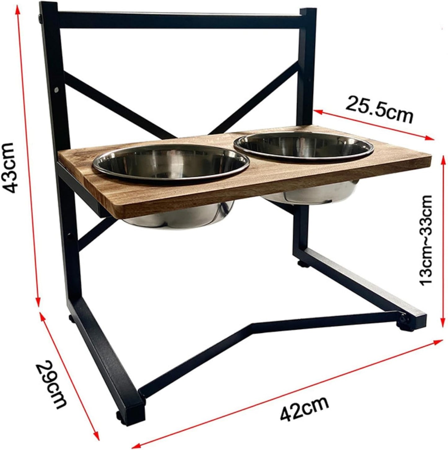 Pet Compawny Elevated Dog Bowl, Adjustable, 3 Heights with Stainless Steel, Raised Stand for Food and Water, Perfect for Dogs and Cats, Easy to Clean, Wood and Metal Frame, Modern Design